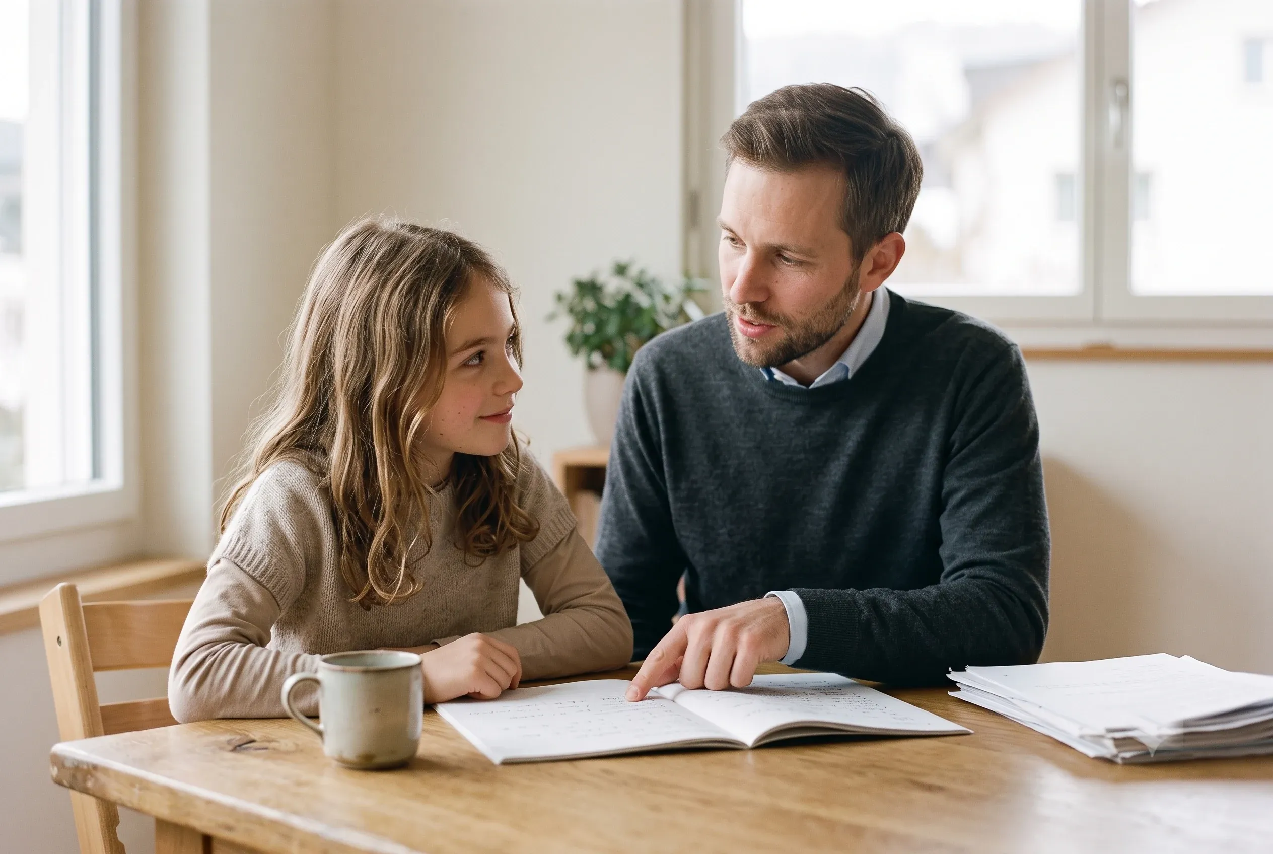 A tutor helping a child with schoolwork at the dining table in a home in Zürich