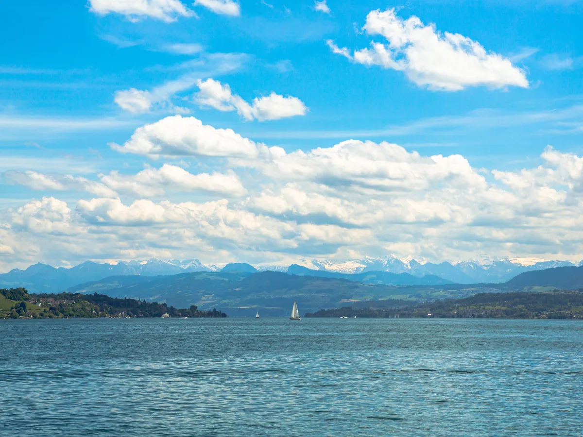 Calm Lake Zürich with the Alps beyond the wooded left shore near Rüschlikon