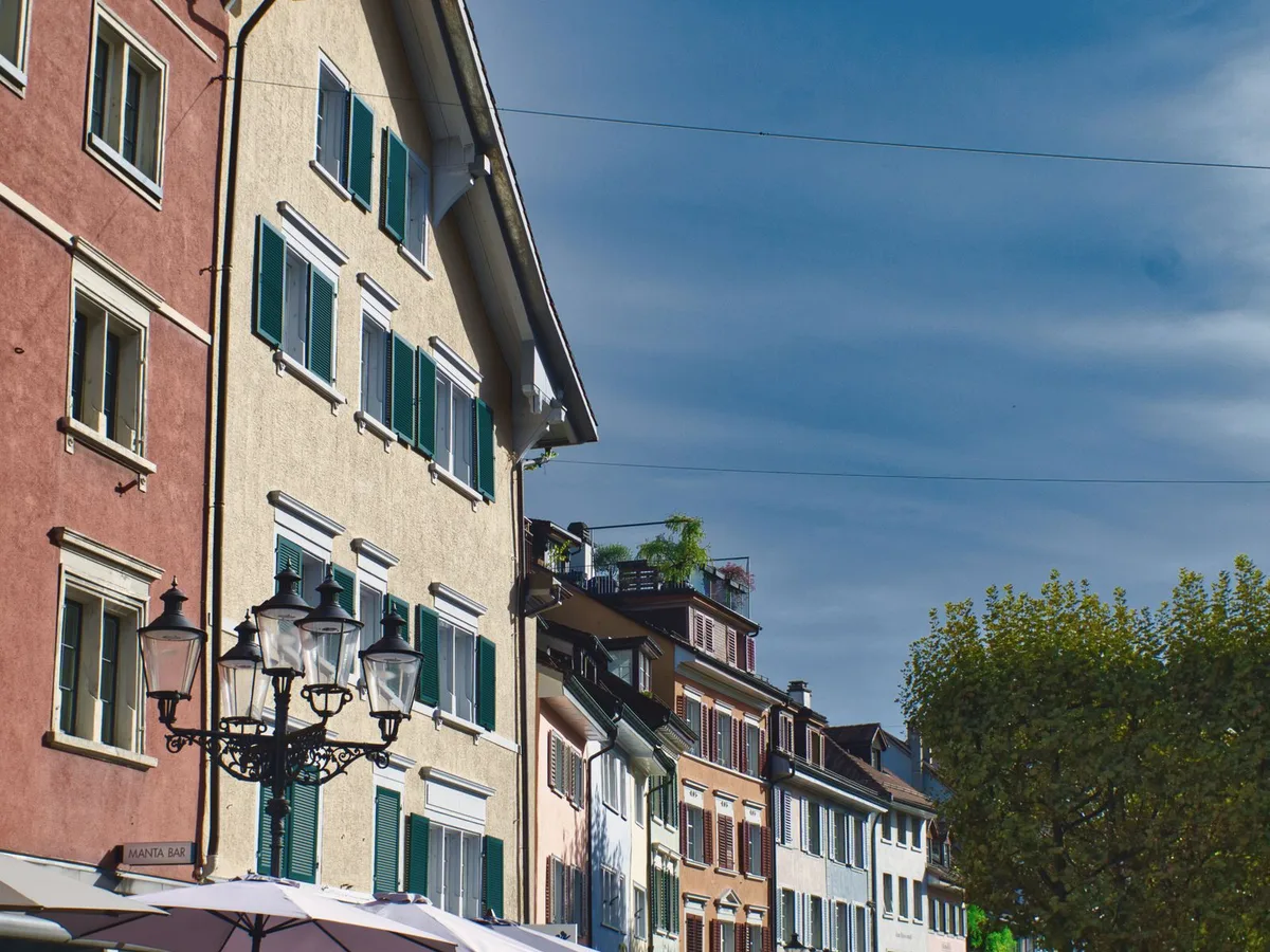 Colourful facades with shutters along a historic street in the old town of Winterthur