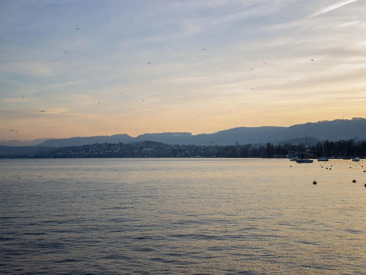 Lake Zürich at golden hour along the Goldküste shoreline near Zollikon